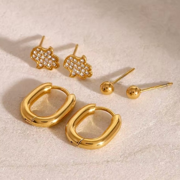 NEW✨ 3Pcs Stainless Steel Cubic Zirconia Hamsa Stud Oval Hoop Earrings Set - Picture 2 of 10